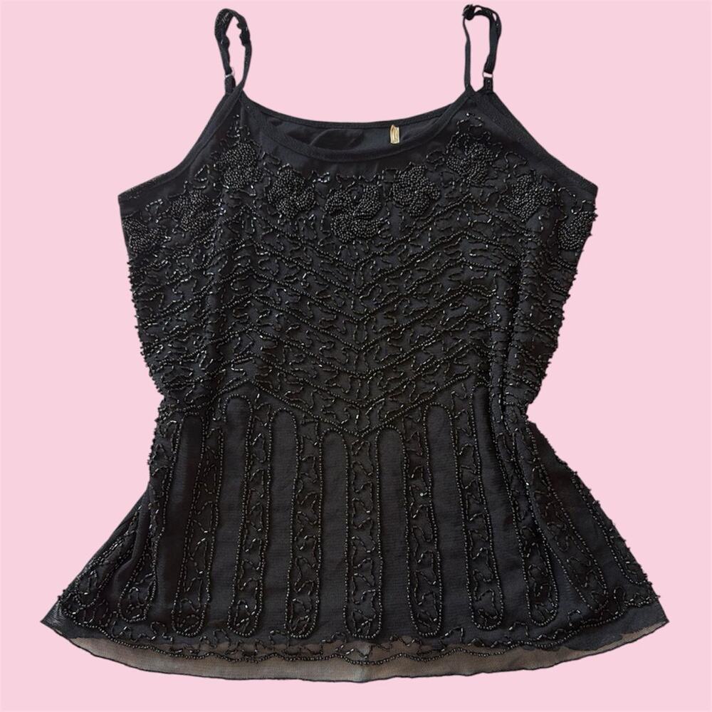 Black beaded mesh top with floral and geometric embroidery
